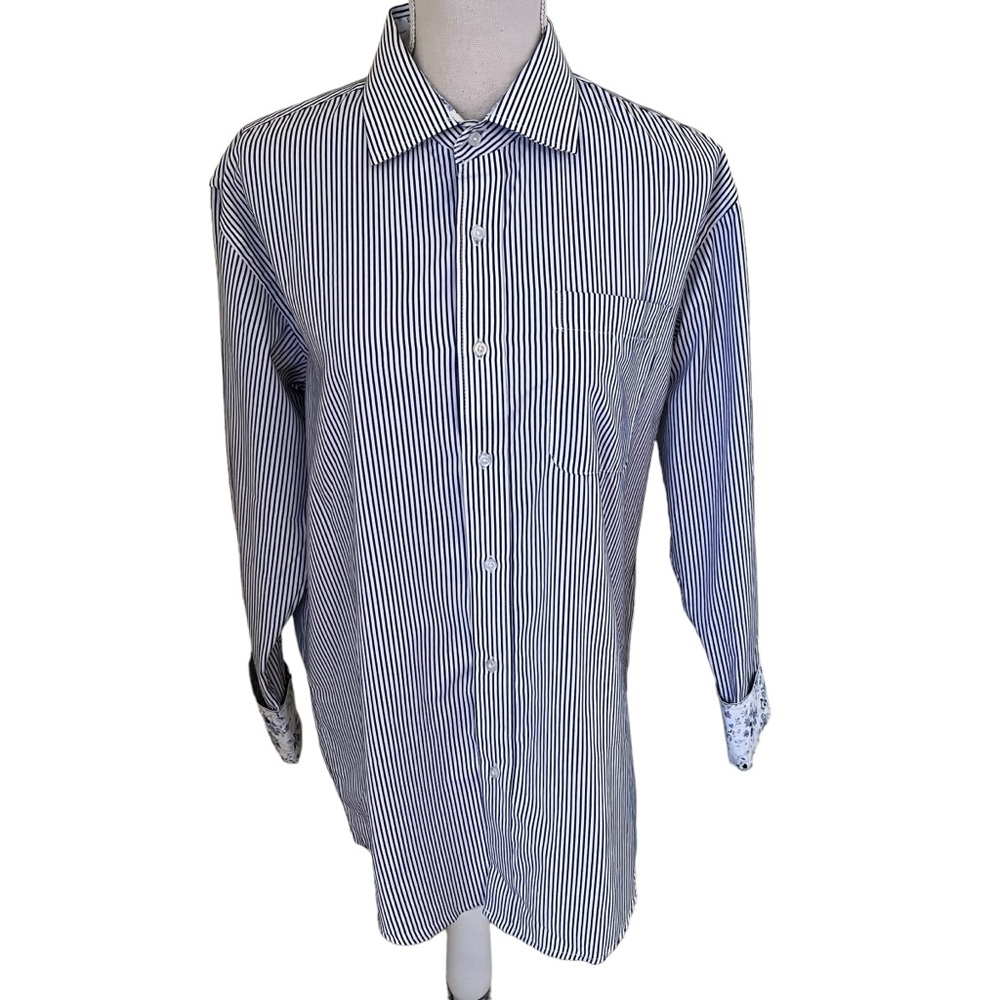 Bogari Blue/White Pinstripe Shirt with Floral Flip Cuff S